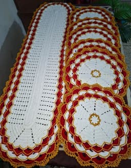 Premium Handmade Crochet Dining Table Mat Set (7 Pieces) - White, Red & Gold